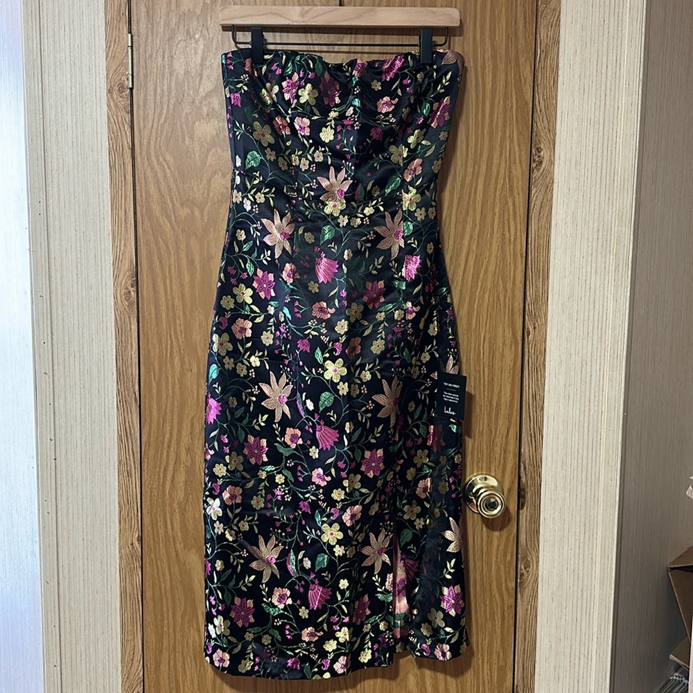 Lulus Make a Move Black Satin Floral Jacquard Strapless Dress Size S